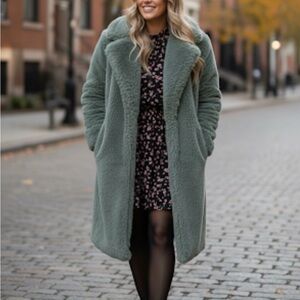 Missguided Longline faux fur sage green mint coat jacket